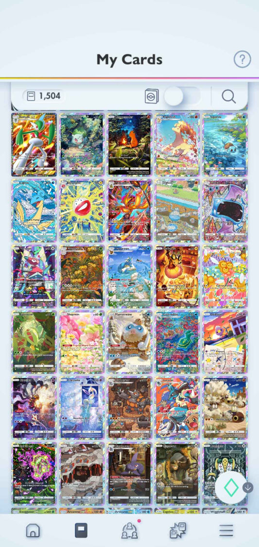Pokémon TCG Pocket: LvL. 28 | 1500+ Cards | 5 Crown Cards + 3 Immersive Cards | Mewtwo Crown, Mew Crown, 2 x Palkia Crown & Dialga Crown EX | Mewtwo Immersive & 2 x Dialga Immersive
