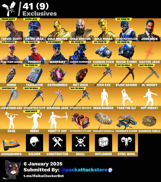 Fortnite Account - Travis Scott, Astro Jack, Gold Kratos, John Wick, OG STW | 188 Skins