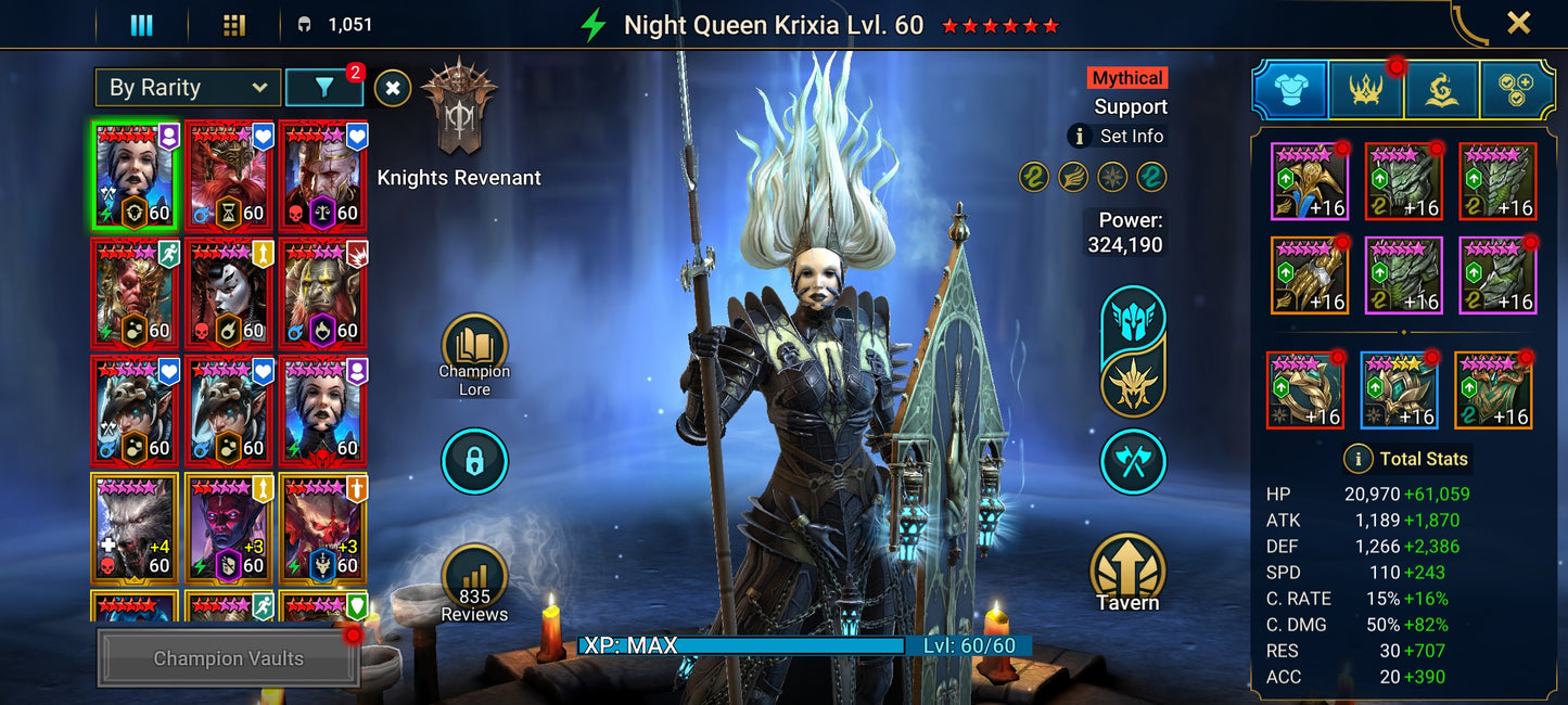 [24.75M Power] 9 Mythical Champions: Lady Mikage, Krixia(6) x2, Nais x2, Frolni(5), Gizmak, Embrys, Karnage + 337 Legendaries | 1k UNM & 1k NM Hydra & 1k UNM Chimera & 25 SD/25 Shogun Auto – RSL Account