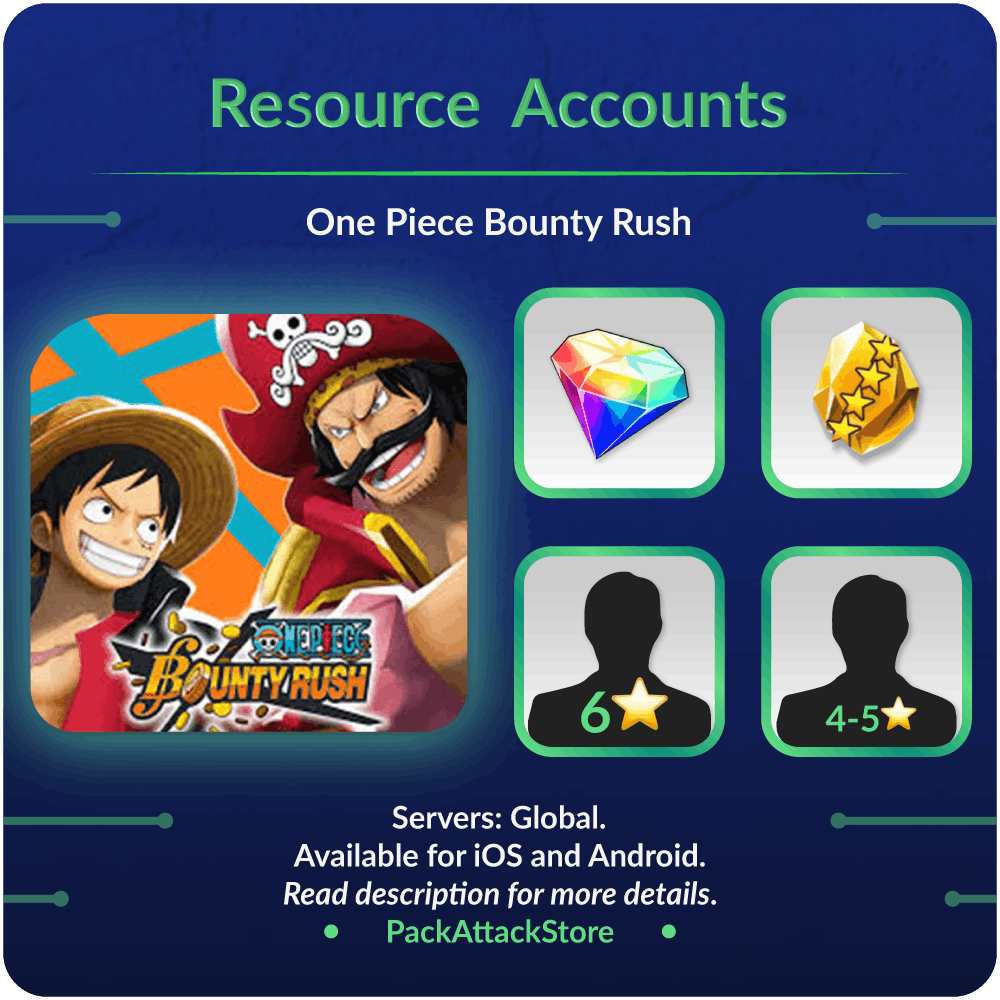 Promotional graphic for 'One Piece Bounty Rush' game with character and resource icons on a blue background.
